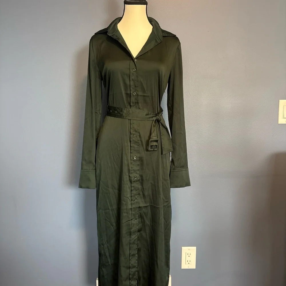 Aritzia Babaton Forest Green Button-Up Midi Dress w/ Belt size 2 - Picture 3 of 11